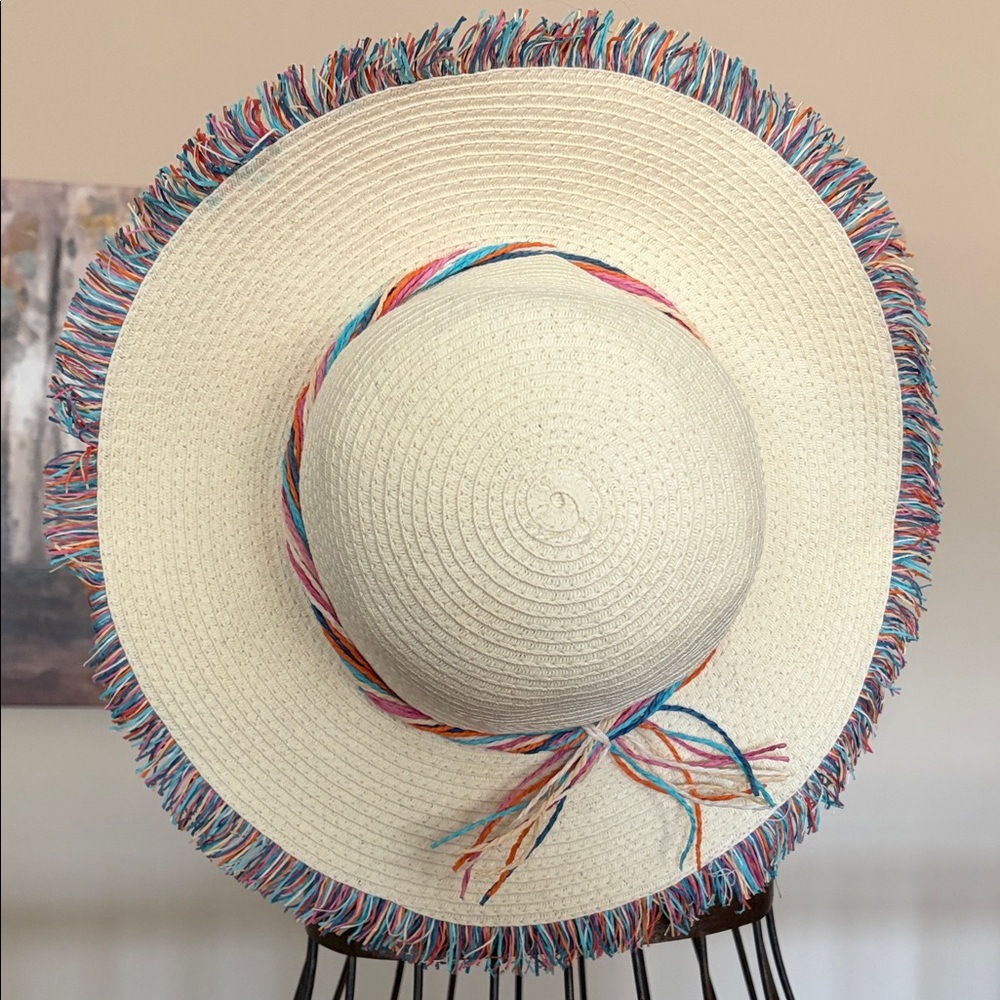 NEW Jacobson Adorable Straw Hat Straw Multi-Colored Fringe Band Bow One Size